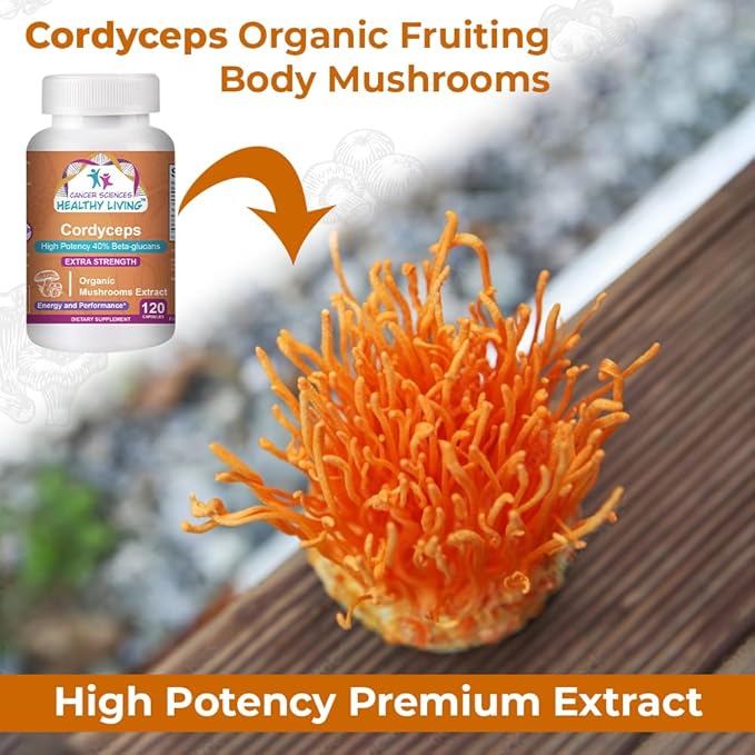 Cancer Sciences Cordyceps Wellness Mushrooms Supplement, USDA Certified Organic Extract, Extra Strength 1,500 mg, High Potency 40% Beta-Glucans, Energy & Stamina Booster, Immune Support, 120 Capsules