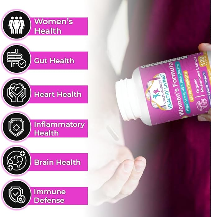 CANCER SCIENCES Women's Wellness Supplement, USDA Certified Organic Mushrooms Extract, Extra Strength 1,500 mg, High Potency 40% Beta-Glucans, Immune & Hormonal Support, Digestive Health, 120 Capsules