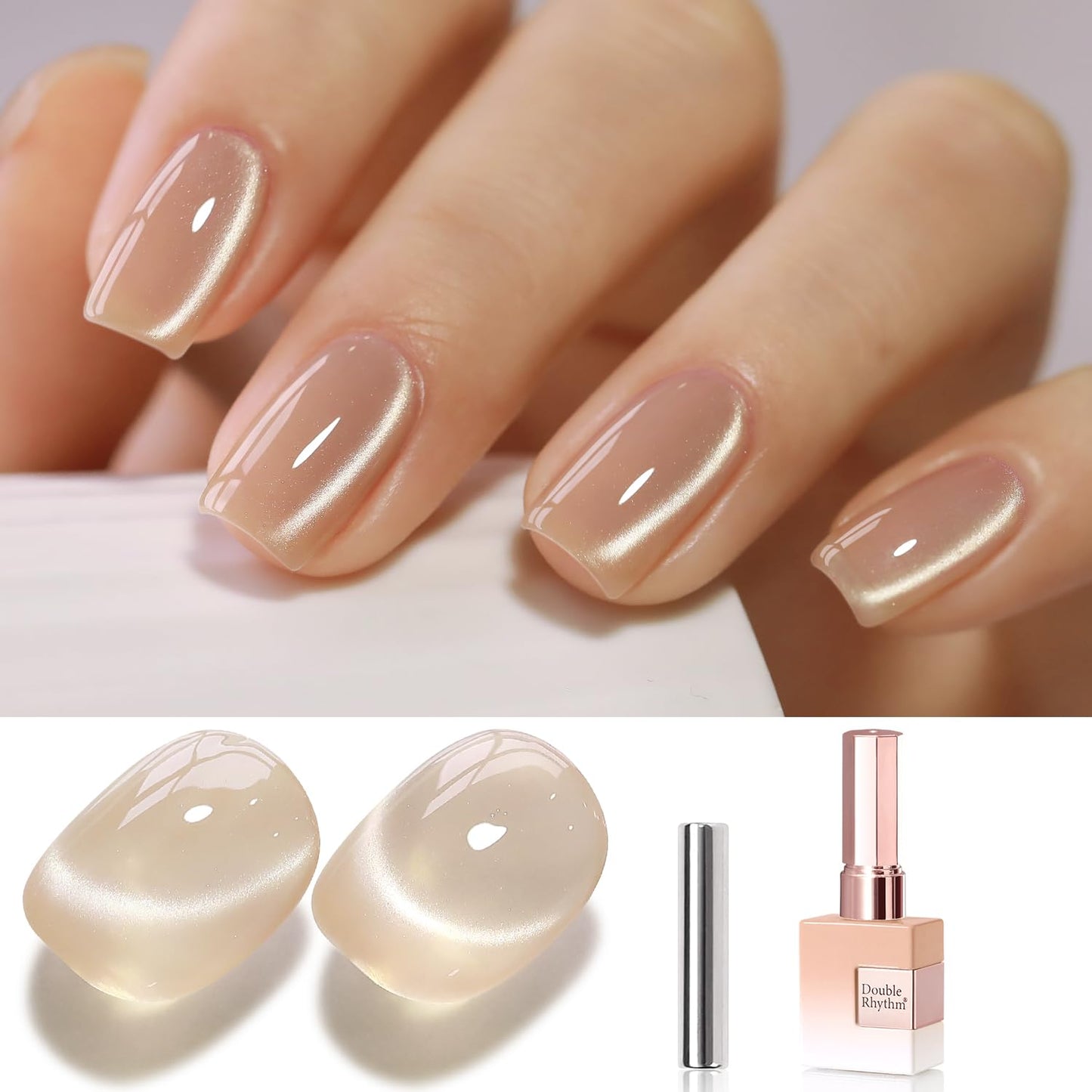 Double Rhythm 15ML Glass Cat Eye Gel Polish with Magnet Same Color Same Bottle Holographic Glitter Shimmer Salon Soak Off Magnetic Nail at Home (Pale Nude-MC1148)