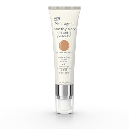Neutrogena Healthy Skin Anti-Aging Perfector Tinted Facial Moisturizer and Retinol Treatment with Broad Spectrum SPF 20 Sunscreen with Titanium Dioxide, 50 Tan to Medium, 1 fl. oz