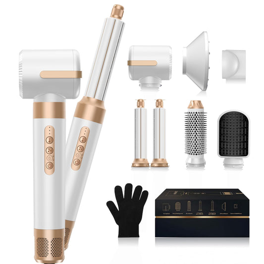 UKLISS Hair Dryer Brush 7 in 1，110000 RPM Hot Air Brush Hair Styler for Curly Straight & Twisted Hair Professional Ionic Brush Blow Dryer for Salon-Quality Styling, White Gold
