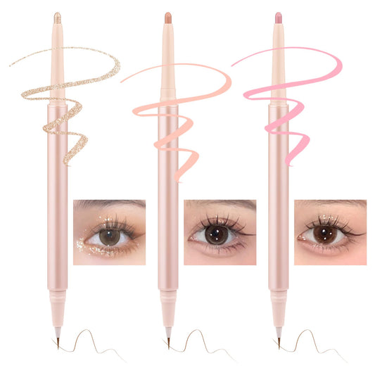 Nobeka 3PC Dual Ended Highlighter Makeup Pen, Glitter & Matte Nude EyeLiner & Eyeshadow, Liquid Contour Liner 2 in 1 Eye Make Up Stick, Mulit-Funtional Long Lasting Lying Silkworm Pencil Set