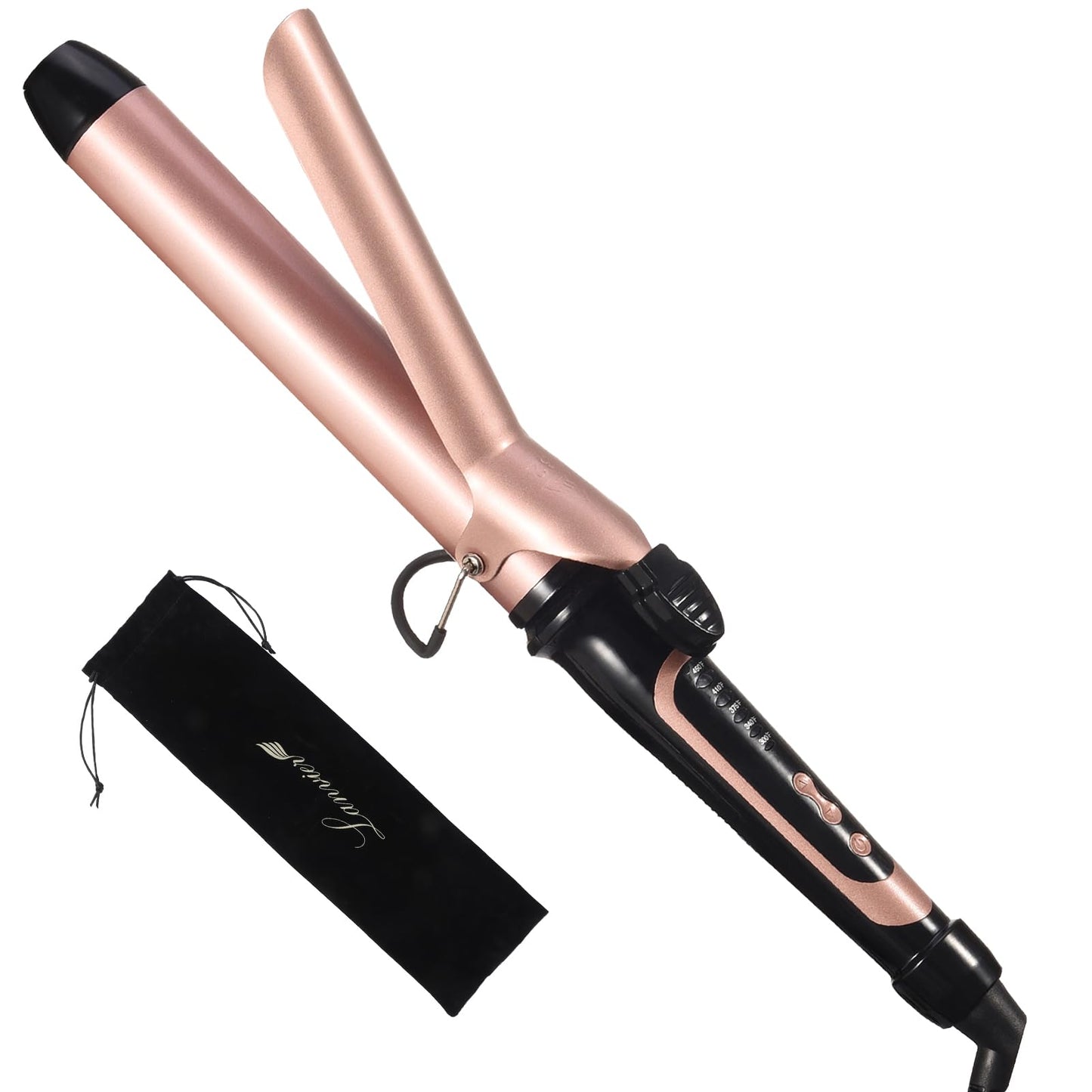 Lanvier 1.25 Inch Clipped Curling Iron with Extra Long Tourmaline Ceramic Barrel, Professional Hair Curler up to 450°F Dual Voltage for Traveling, Hair Waving Style Tool for Girls & Women-Rose Gold