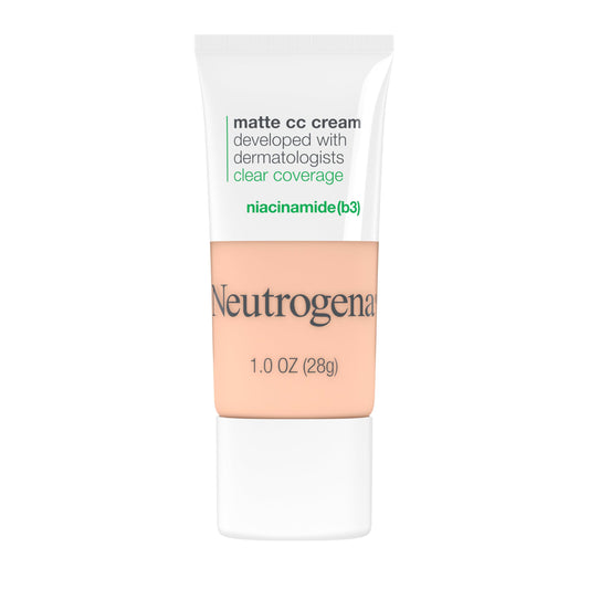 Neutrogena Clear Coverage Flawless Matte CC Cream, Full-Coverage Color Correcting Cream Face Makeup with Niacinamide (b3), Hypoallergenic, Oil Free & Fragrance Free, Shell, 1 oz