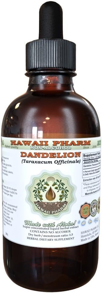 Dandelion Alcohol-Free Liquid Extract, Organic Dandelion (Taraxacum Officinale) Dried Leaf Glycerite Hawaii Pharm Natural Herbal Supplement 4 oz