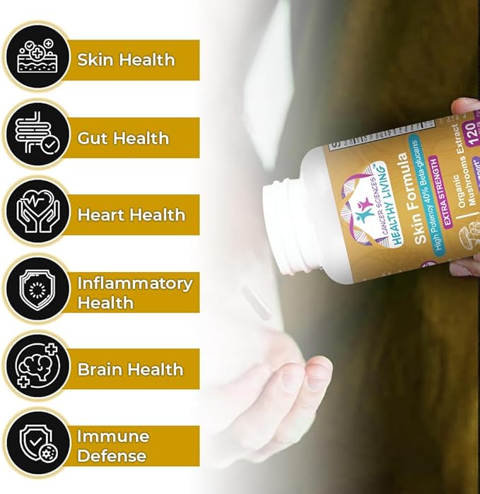 Cancer Sciences Skin Wellness Supplement, USDA Certified Organic Extract Mushrooms Supplement, Extra Strength 1,500 mg, High Potency 40% Beta-Glucans, Immune Support, Glowing Complexion, 120 Capsules