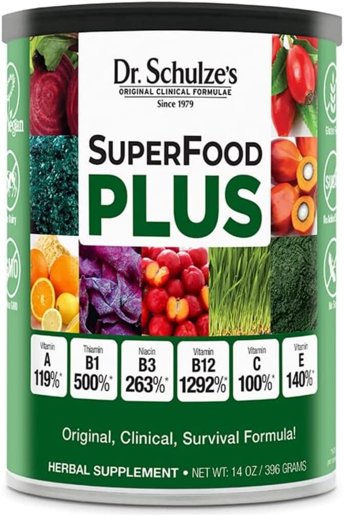Dr. Schulze’s SuperFood Plus | Vitamin and Mineral Herbal Concentrate | Daily Nutrition | Gluten-Free and Non-GMO | Vegan | 14 Ounce Powder | Packaging May Vary