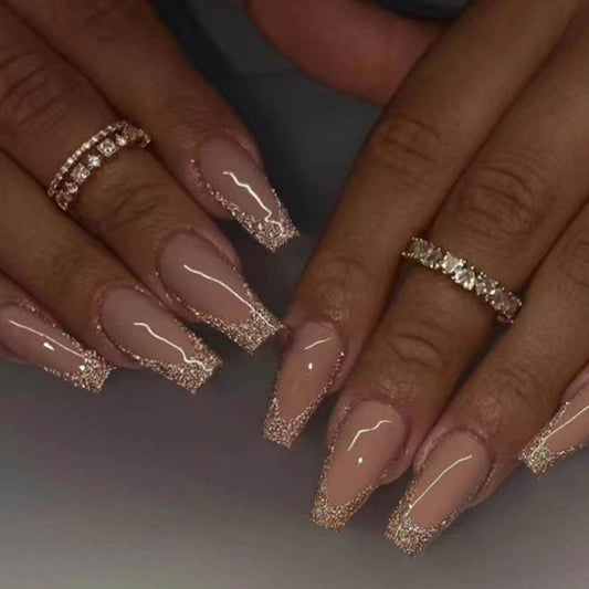 DANMANR Long Press on Nails Square French Fake Nails Full Cover Nude Acrylic False Nails for Women and Girls 24PCS (Gold Shiny)