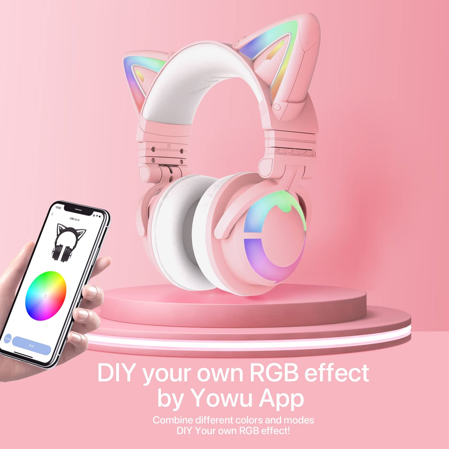 YOWU Cat Ear Headphones 3G, Headphones Over Ear, RGB Wireless/Wired 5.0 Foldable Gaming Headset with 7.1 Surround Sound, Built-in Mic & Customizable Lighting and Effect via APP(Pink)