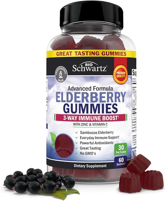 Elderberry Gummies with Zinc and Vitamin C for Adults & Kids - Natural Immune Support - Black Sambucus Elderberries - Powerful Multiminerals Supplement - Gluten-Free, Non-GMO, Vegan Friendly, 60ct