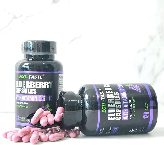 ECO-TASTE Elderberry Capsules with Zinc & Vitamin C - 120 Capsules, Sambucus Elderberries for Immune Support, Skin Health - Veggie Caps