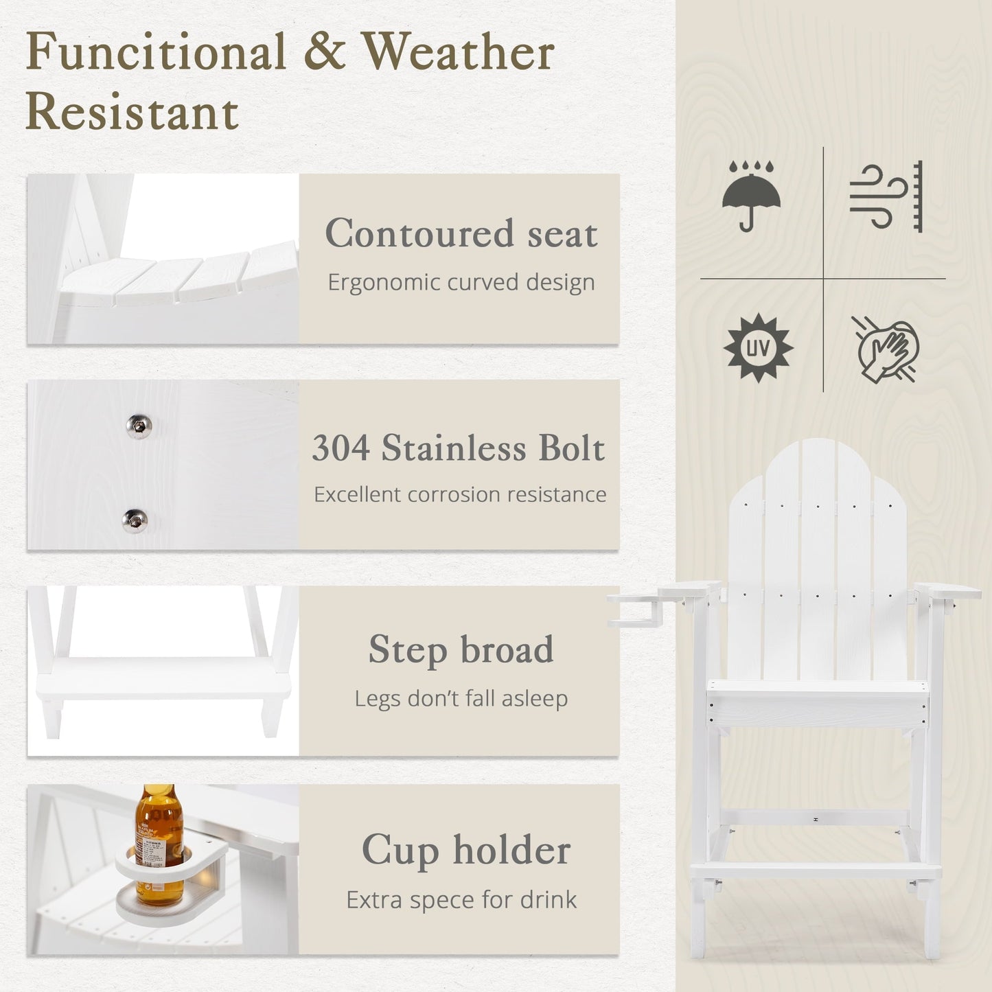 Dycanpo Tall Adirondack Chairs Set of 2,Patio Garden Eco-Friendly Chair with Cup Holder,White