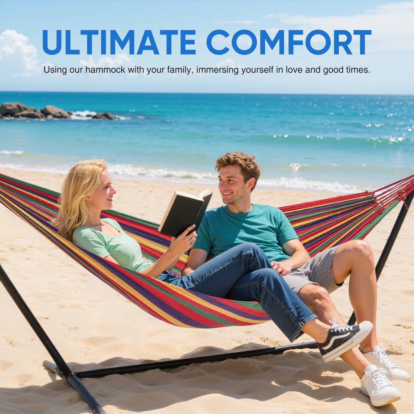 EDX Double Hammock with Space Saving Steel Stand, 2 Person Heavy Duty Outdoor 450lb Capacity Standing Hammocks, Upgraded Polyester End Strings, Portable Carrying Bag Included, Colorful Stripes