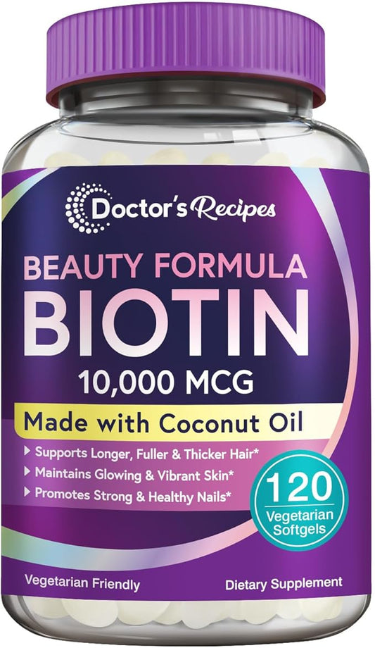 Doctor's Recipes Biotin 10,000 mcg, Hair Growth, Healthy Skin & Nails, Energy Metabolism, Vegetarian-Friendly Biotin, with Coconut Oil, Non-GMO, 4 Month Supply, 120 Vegetarian Softgels