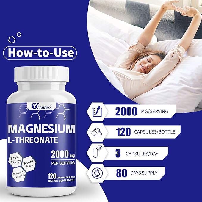 (2 Pack) Magnesium L-Threonate 120 Capsules - 2000 mg Magnesium Threonate - High Absorption Magnesium Supplements for Sleep, Cognition and Energy Support - Non-GMO, Gluten Free, Vegetarian