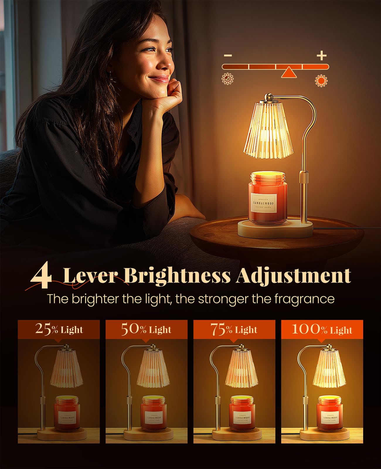 Candle Warmer Lamp, Wax Melt Warmer with 2 Bulbs for Scented Jar Candles, with Timer Dimmer Adjustable Height, Home Decor Gift for Girl Friend Mom Sister Women, No Flame No Smoke Warming Light, Amber