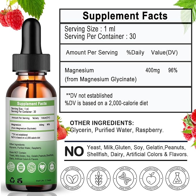 (2 Pack) Magnesium Glycinate Liquid Drops,6X High Absorption Liquid Magnesium Supplement for Bone,Sleep,Leg Cramps & Immune Support,Pure Magnesium Glycinate 400mg for Women Men,Vegan,Non-GMO