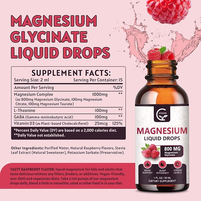 (2 Pack) Magnesium Glycinate Liquid Drops | 1000mg Liquid Magnesium Complex with D3, L-Thea & GABA for Energy, Sleep, Nerve and Heart Health, High Absorption, Raspberry Flavor