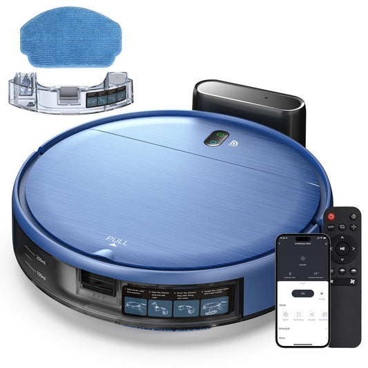 SHELIKI Robot Vacuum and Mop, 2-in-1 Robotic Vacuums Cleaner with Smart Max Strong Suction, WiFi/App/Alexa Voice Control, Obstacle Avoidance, for Pet Hair, Carpets and More - Blue