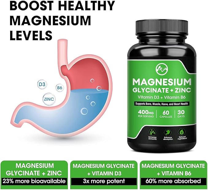 (2 Pack) Magnesium Glycinate Capsules, Magnesium Supplement 400 mg with Zinc,Vitamin D3 & B6 - Highly Bioavailable and Absorption - Bone,Heart,Joint,Immune Support - 120 Vegan Capsules for Women & Men