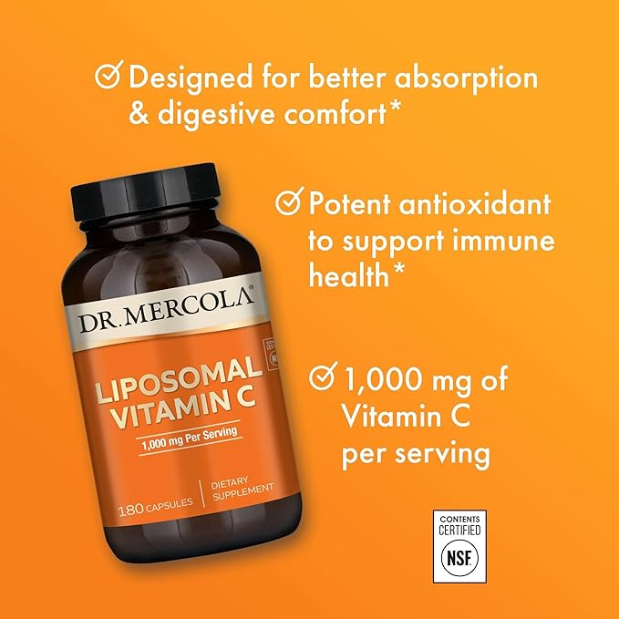 Dr. Mercola Liposomal Vitamin C - Brain, Heart, Eye & Immune Support - Provides 1,000 mg of Bioavailable Vitamin C - Non-GMO, Gluten-Free & Soy-Free - 180 Capsules (90 Servings)