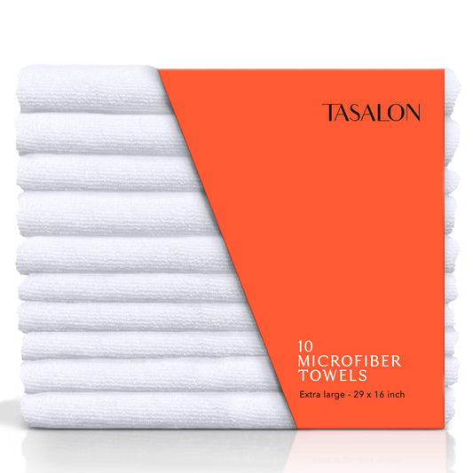 TASALON Microfiber Hair Towel for Salon - 10 Pack - 29 x 16 Inches, Quick Dry and Ultra-Soft Facial Towels with Soft Absorbant - White