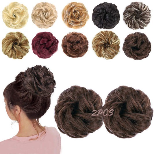 MORICA 2PCS Messy Bun Hair Piece, Fake Hair Messy Bun Scrunchies For Thin Hair Extension Curly Wavy Synthetic Chignon Ponytail Hair Pieces for Women (8#Medium Brown)