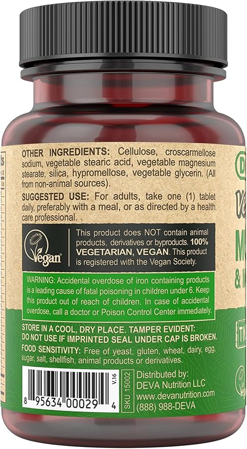 DEVA Vegan Multivitamin for Women & Men with Iron, Vitamin C, E, B Complex Vitamins, Zinc, 90 Tiny Tablets