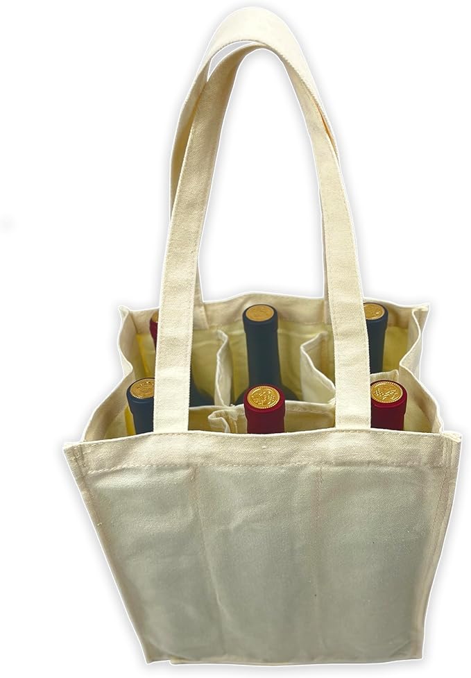 Canvas Wine Tote for 6 Bottles, Cotton Wine Bag with 6 Divider Reusable Wine Bottle Carrier Bag Holder for Travel Camping Picnic Wine Lover Gift