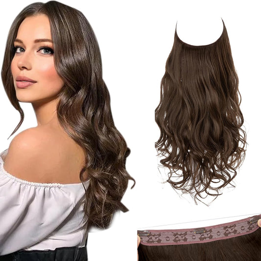 SARLA Invisible Wire Hair Extensions with 3 Clips Short Synthetic Wavy Curly Hairpiece Adjustable Transparent Headband for Women 14 Inch Medium Brown