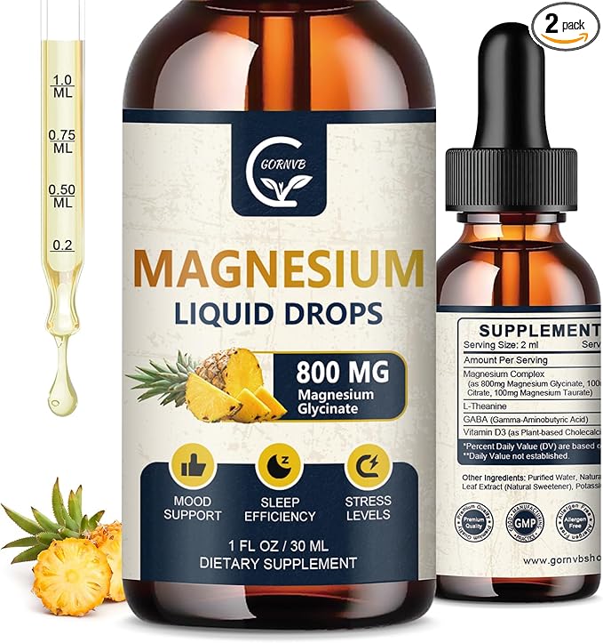 (2 Pack) Magnesium Glycinate Liquid Drops | 1000mg Liquid Magnesium Complex with D3, L-Thea & GABA for Energy, Sleep, Nerve and Heart Health, High Absorption, Pineapple Flavor