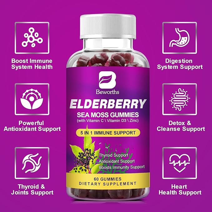 (2 Pack Elderberry Gummies & Irish Sea Moss, Organic Sambucus Elderberry Gummy with Seamoss, Zinc, Vitamin C, D3, Multivitamin Elderberry Vitamins - Sugar-Free