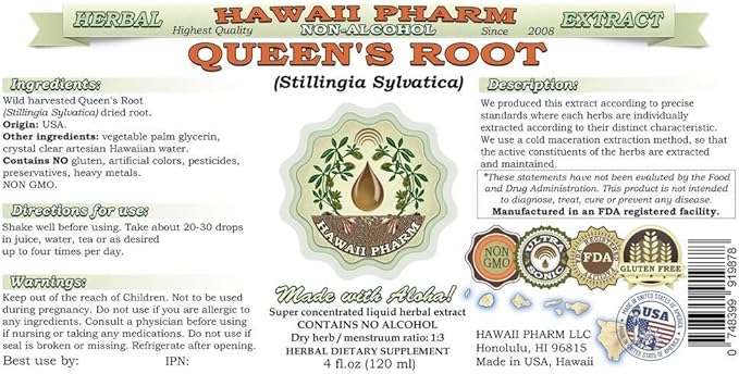 Queen's Root Alcohol-Free Liquid Extract, Queen's Root (Stillingia Sylvatica) Dried Root Glycerite Natural Herbal Supplement, Hawaii Pharm, USA 2x2 fl.oz