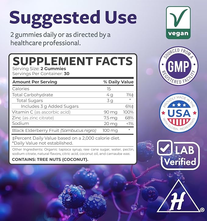 Elderberry Gummies for Adults with Vitamin C & Zinc (1 Months Supply) 60 Delicious Raspberry Flavor Gummy - Immune Support Supplement for Adults - Vegetarian Sambucus Elderberry Gummies (No Pills)