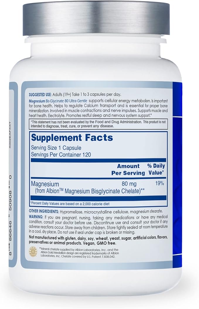 CanPrev Magnesium Biglycinate Chelated 80mg Ultra Gentle 120 V-Caps 120-Day Supply - Support Muscle Function, Bone Strength & Relaxation, Pure Magnesium Bisglycinate Formula, Promote Comfort & Balance