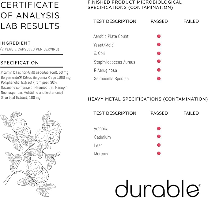 Durable Heart - Extra-Strength 1000 mg Bergamonte Citrus Bergamot + Olive Leaf Extract +Non-GMO Vitamin C – Natural Heart Health Supplement for Healthy Cholesterol Support – Made in the USA (3 Bottle)