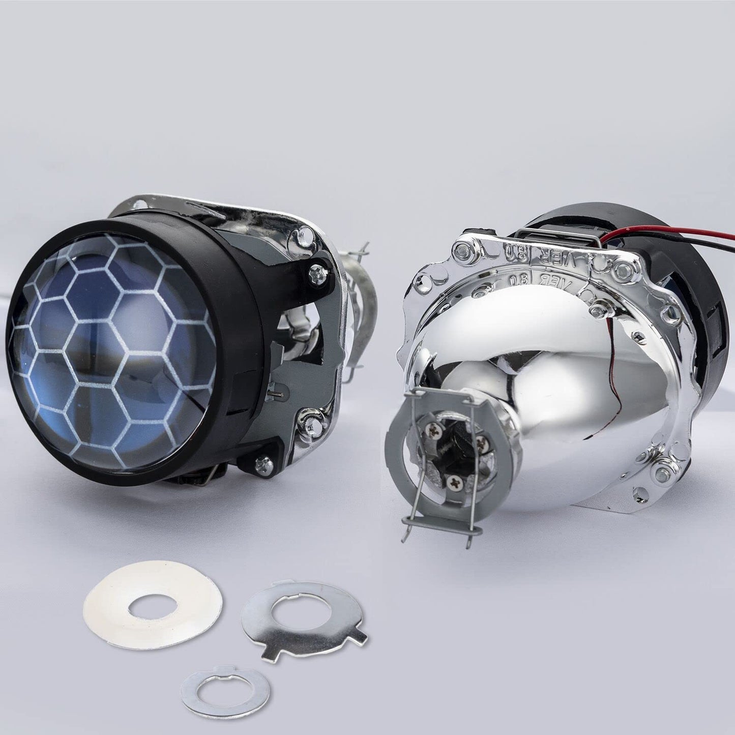 YUFANYA 2.5 inchs Honeycomb Blue Lens,Mini Bi-xenon Projector Lens with 3.0inch RGB Shrouds Decoration,Universal for H1 H4 H7 9005 9006 Vehicle Motorcycle (Sliver)
