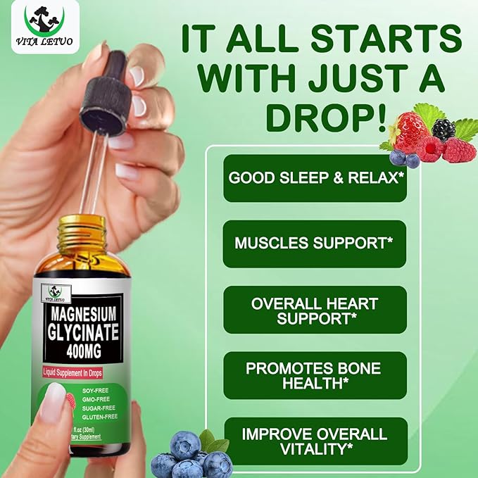 (2 Pack) Magnesium Glycinate Liquid Drops,6X High Absorption Liquid Magnesium Supplement for Bone,Sleep,Leg Cramps & Immune Support,Pure Magnesium Glycinate 400mg for Women Men,Vegan,Non-GMO
