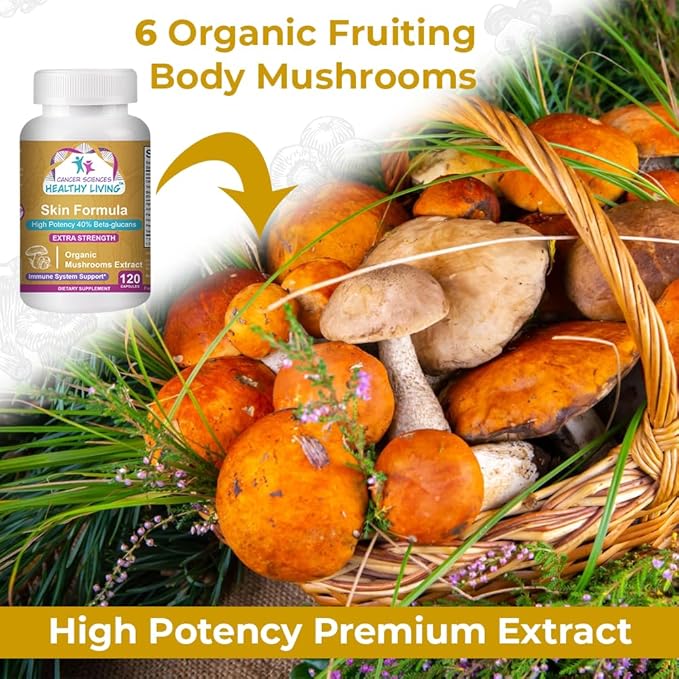 Cancer Sciences Skin Wellness Supplement, USDA Certified Organic Extract Mushrooms Supplement, Extra Strength 1,500 mg, High Potency 40% Beta-Glucans, Immune Support, Glowing Complexion, 120 Capsules