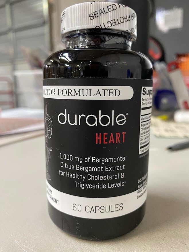 Durable Heart - Extra-Strength 1,000 mg Bergamonte Citrus Bergamot +Olive Leaf Extract +Non-GMO Vitamin C – Natural Heart Health Supplement – Made in The USA (1 Bottle)