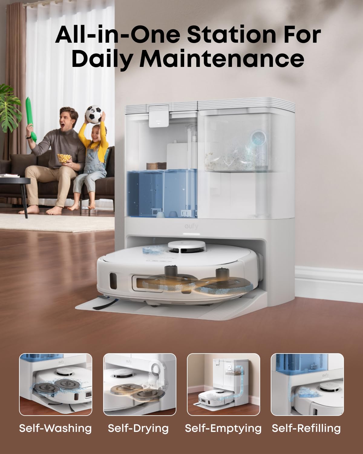 eufy X10 Pro Omni Robot Vacuum and Mop Combo, 8,000 Pa Suction, Dual Mops with 12 mm Auto-Lift and Carpet Detection, AI Obstacle Avoidance, Auto Mop Washing, Auto Drying, Self-Emptying, white