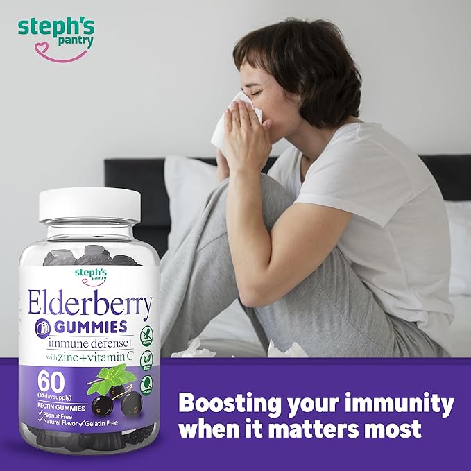 Elderberry Gummies with Vitamin C and Zinc - Immune Booster Elderberry Gummies For Adults and Kids - Vegan Natural Ingredients Defense Multivitamins with Antioxidant Support (60 Gummies)