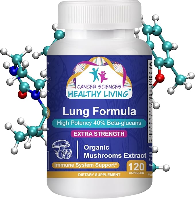 CANCER SCIENCES Lung Health & Wellness Supplement, USDA Certified Organic Mushrooms Extract, 1,500 mg Extra Strength, High Potency 40% Beta-Glucans, Immune Support, Healthy Lungs Booster, 120 Capsules