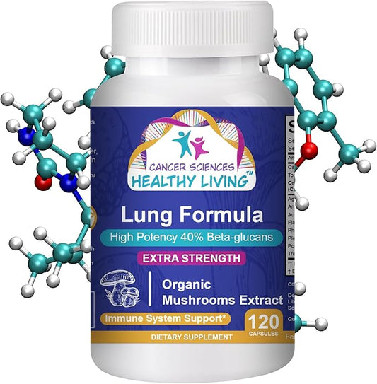 CANCER SCIENCES Lung Health & Wellness Supplement, USDA Certified Organic Mushrooms Extract, 1,500 mg Extra Strength, High Potency 40% Beta-Glucans, Immune Support, Healthy Lungs Booster, 120 Capsules