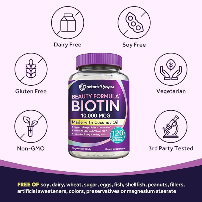 Doctor's Recipes Biotin 10,000 mcg, Hair Growth, Healthy Skin & Nails, Energy Metabolism, Vegetarian-Friendly Biotin, with Coconut Oil, Non-GMO, 4 Month Supply, 120 Vegetarian Softgels