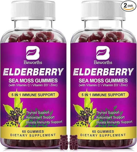 (2 Pack Elderberry Gummies & Irish Sea Moss, Organic Sambucus Elderberry Gummy with Seamoss, Zinc, Vitamin C, D3, Multivitamin Elderberry Vitamins - Sugar-Free