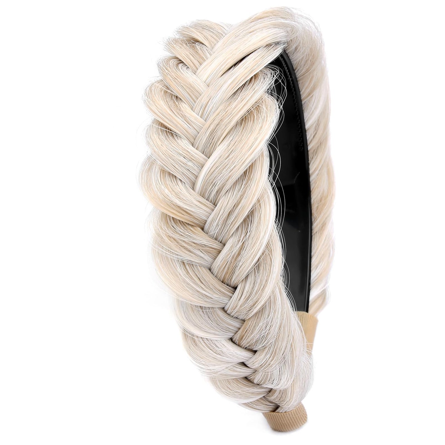 DIGUAN Wide Messy Braided Headband With Teeth Synthetic Hair Plaited Headband High Elasticity Braids Chunky Fishtail Braided Hair Band Hairpiece for Girls Women Beauty Accessory (White Blonde)