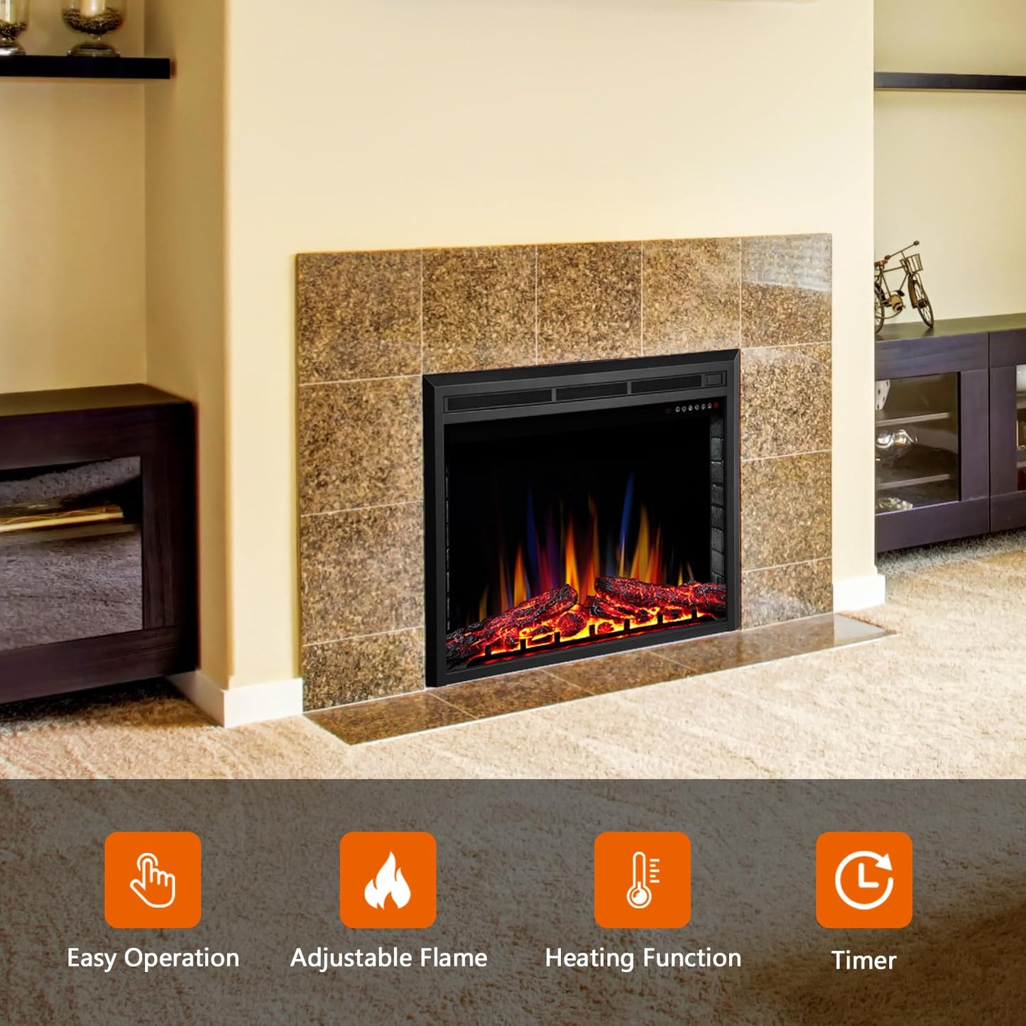 Electric 39" Electric Fireplace Insert, Adjustable 5 Flame Colors, 12 Log Colors, 5 Flame Speeds and Brightness, Remote Control, Timer, Adjustable Temperature from 50°F to 99°F, 750W/1500W (39"X27")