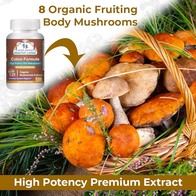 Cancer Sciences Colon Wellness Supplement, USDA Certified Organic Mushrooms Extract, Extra Strength 1,500 mg, High Potency 40% Beta-Glucans, Immune, Gut & Digestive, Colon Cleanse & Detox, 120 Caps
