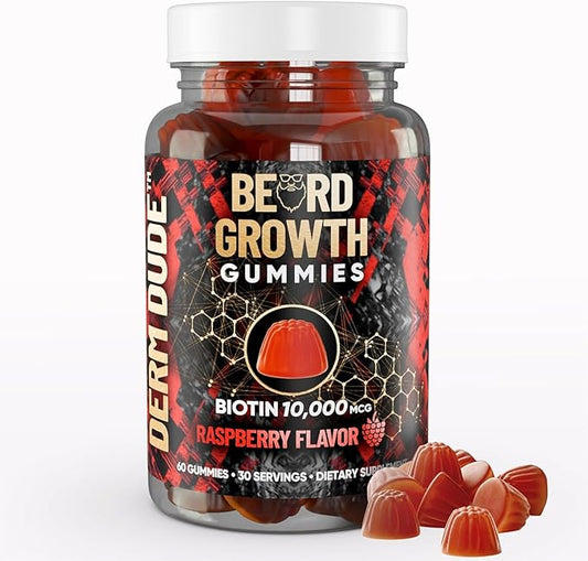 Derm Dude Beard Growth Gummies for Men | Packed With Biotin 10K MCG for Healthier, Thicker, Fuller & Stronger Facial Hair | Restore Hair Breakage & Thinning | Berry Flavored | 60 Gummies 30-Day Supply